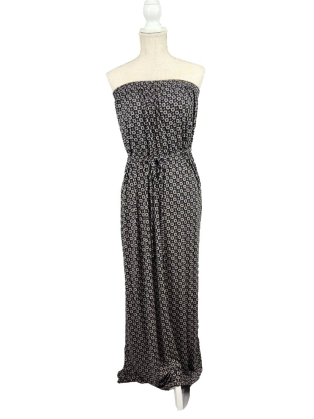 Old Navy Strapless Maxi Dress Womens M Black White Drawstring Tie Waist